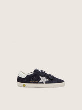Junior Old School in blue suede with silver glitter star and white leather heel tab