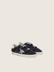 Junior Old School in blue suede with silver glitter star and white leather heel tab