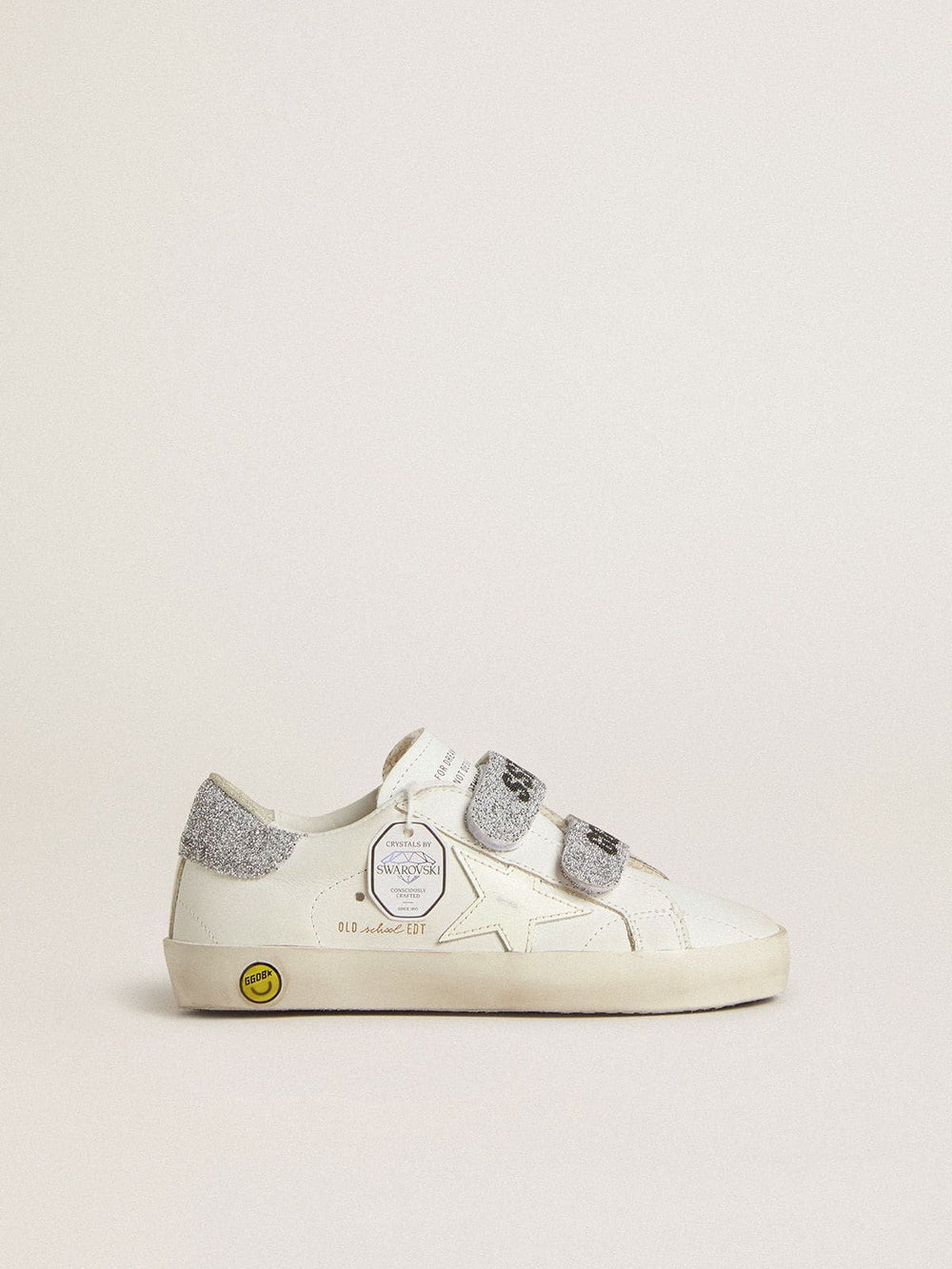 Young Old School in white leather with silver Swarovski crystal heel tab and straps