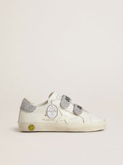 Teen Old School in white leather with silver Swarovski crystal heel tab and straps