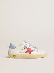 Super-Star Young in white leather with red star and light blue heel tab