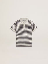 Boys' white cotton polo with navy blue stripes and embroidery
