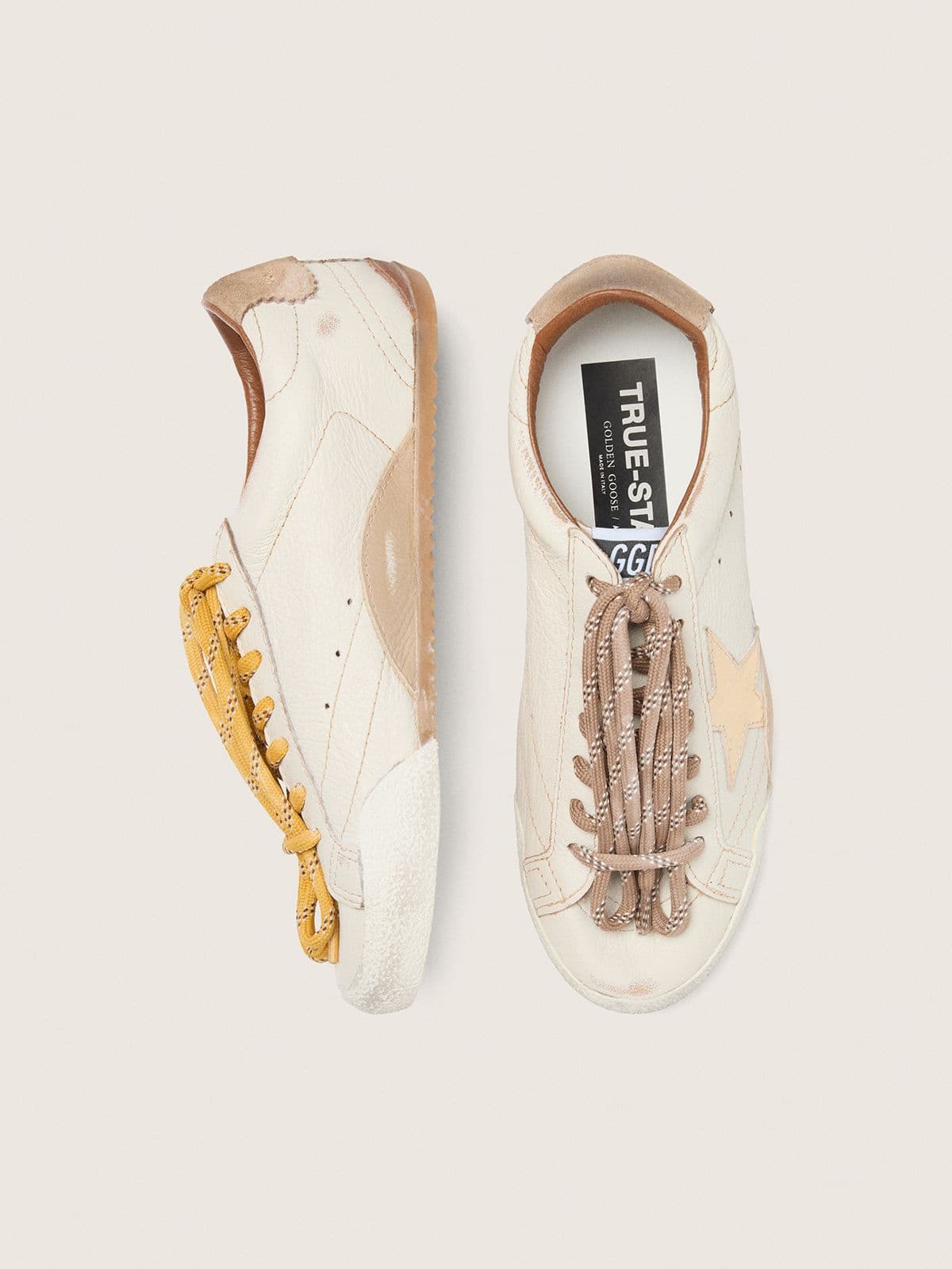 Women's True-Star in white nappa leather with gold star and beige suede heel tab