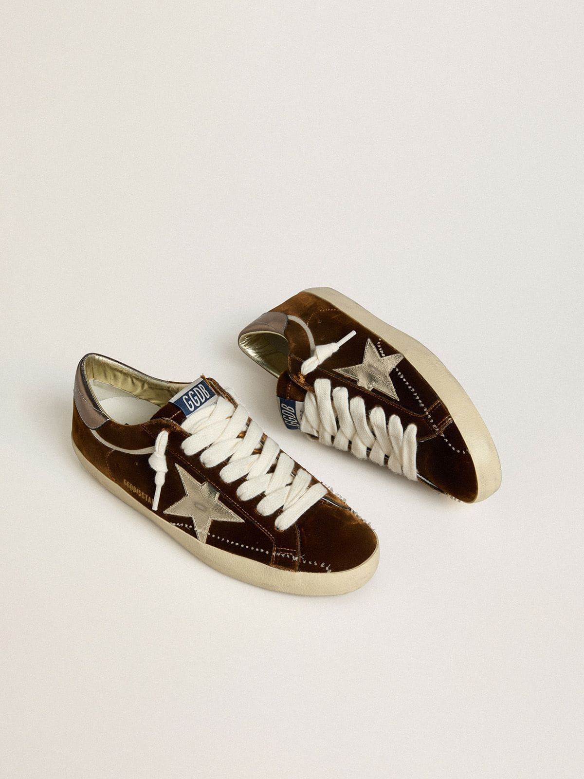 Women's Super-Star in cognac velvet with metallic leather star and heel tab