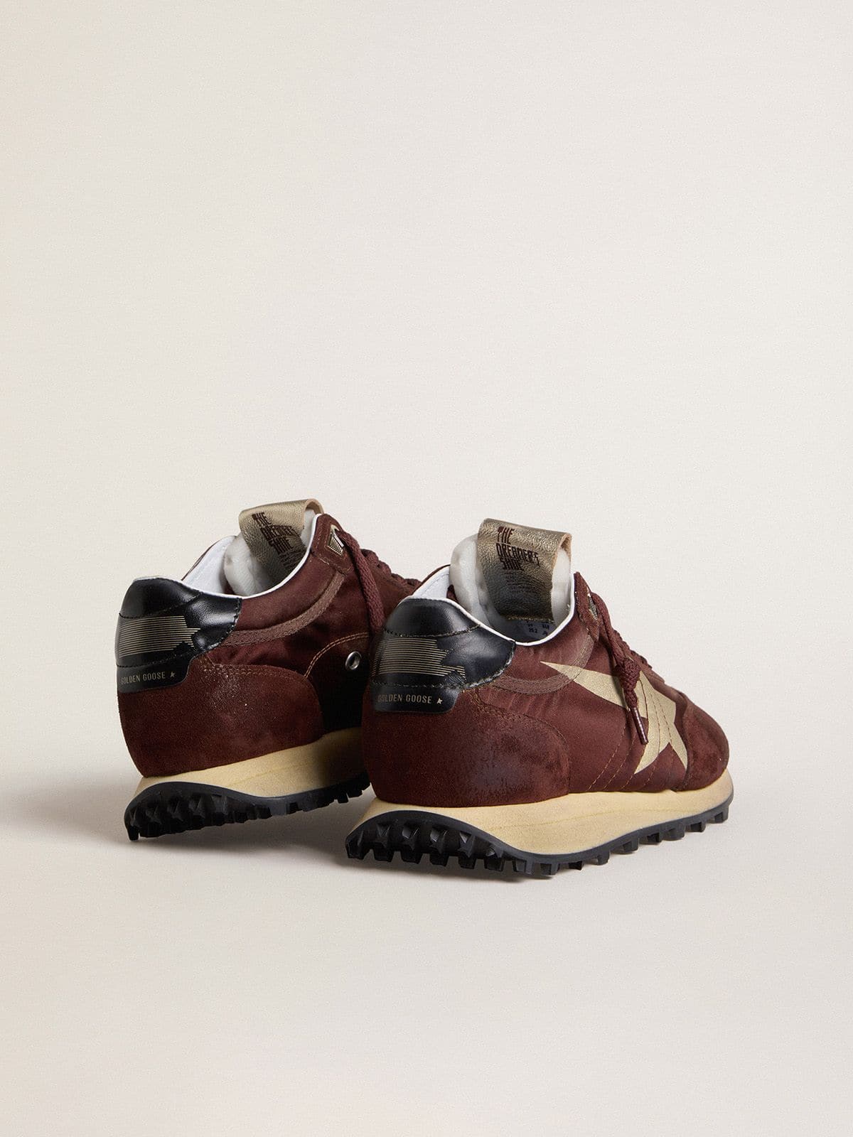 Women's Marathon with burgundy satin upper and platinum leather star