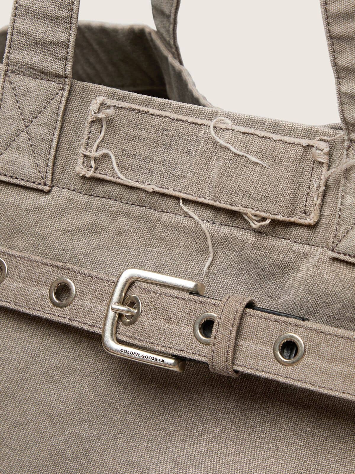 Anthracite canvas tote bag with embroidery and antique silver details