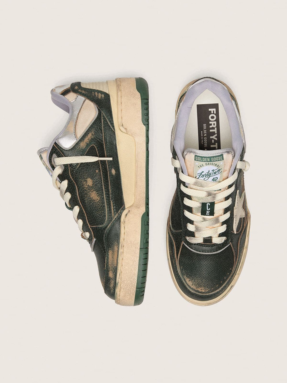 Women's Forty2 in green leather and cream nylon with TPU star and silver leather heel tab