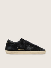 Women's Super-Star LTD in black suede with black glitter star and black leather heel tab