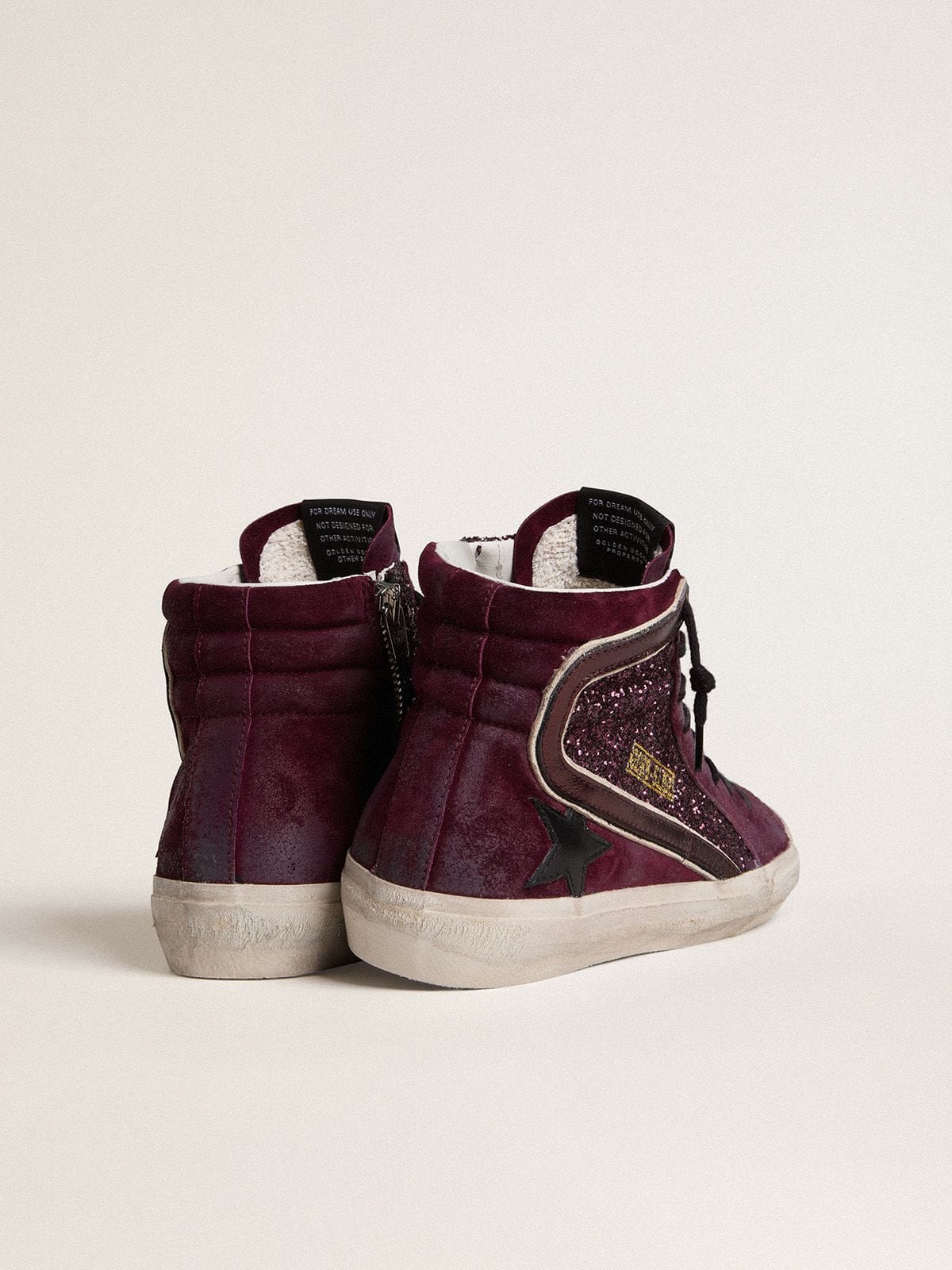 Women's Slide in black cherry glitter and suede with leather star and metallic leather flash