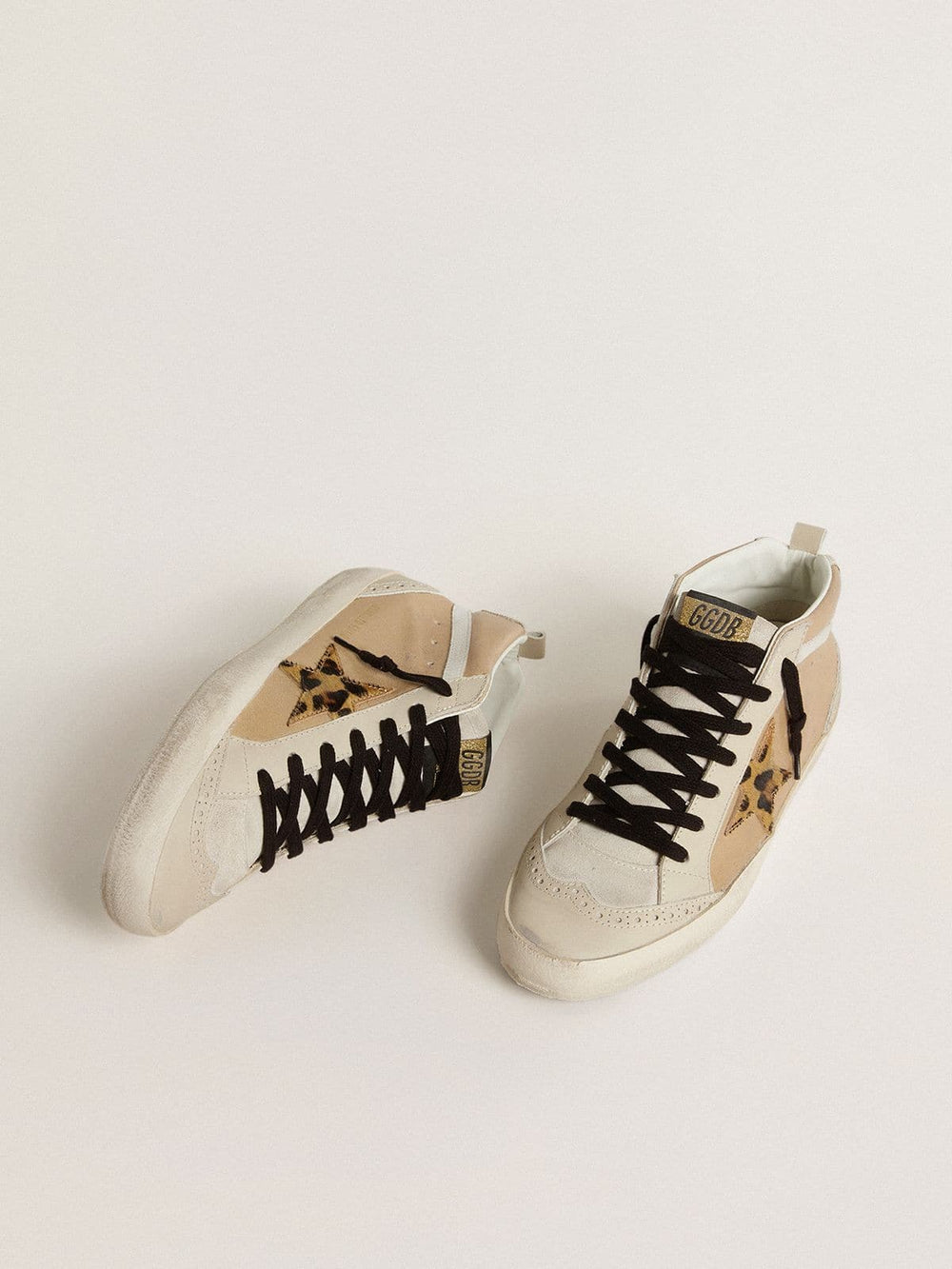 Women’s Mid Star in beige naplak leather with leopard-print pony skin star