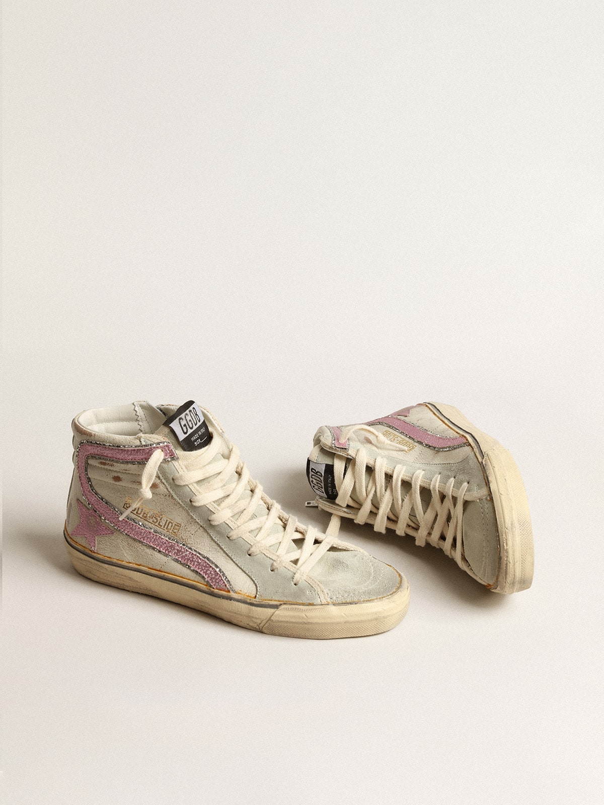 Slide  in beige with pink metallic leather star and flash