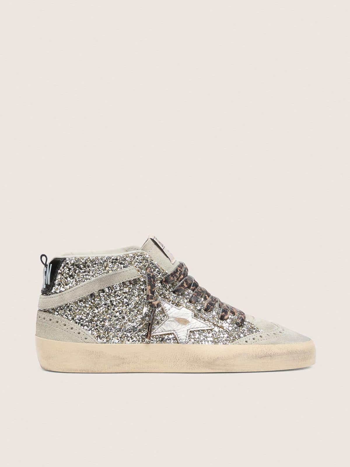 Mid Star  in silver glitter with silver metallic leather star