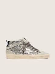 Mid Star  in silver glitter with silver metallic leather star