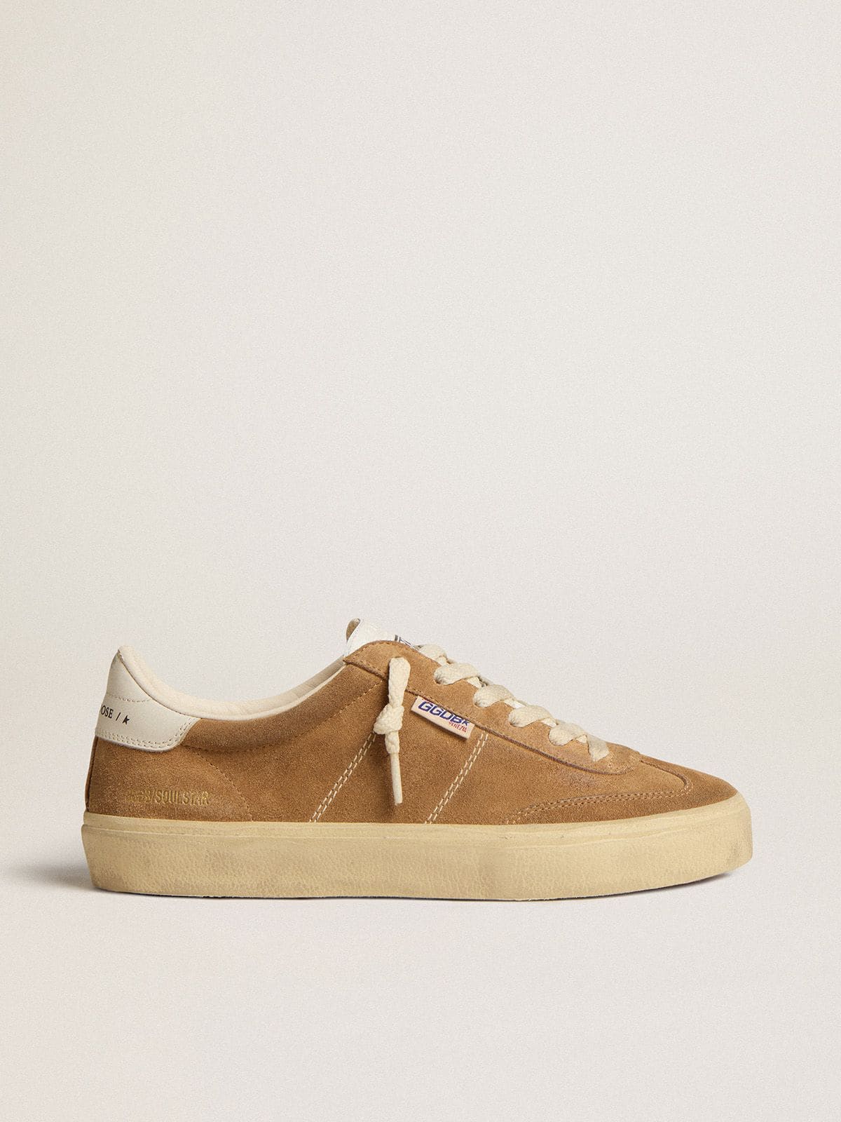 Women's Soul Star in camel-colored suede with white leather heel tab and tongue