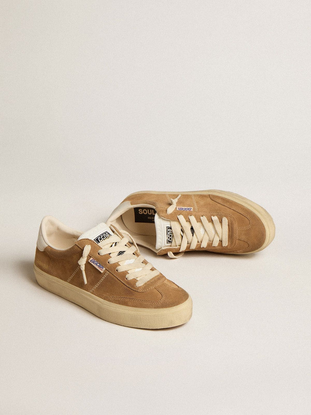 Women's Soul Star in camel-colored suede with white leather heel tab and tongue