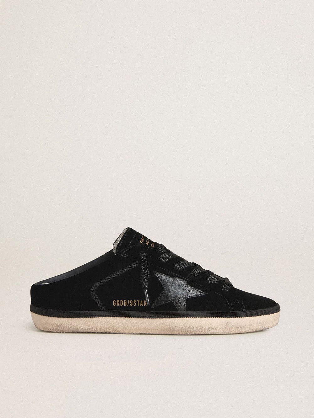 Women's Super-Star Sabots in black velvet with a black leather star with micro-glitter