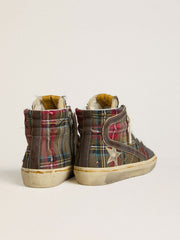 Women's Slide in red tartan with silver nappa leather star and black suede flash