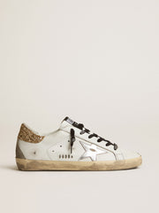 Women's white leather Super-Star with glittery heel tab