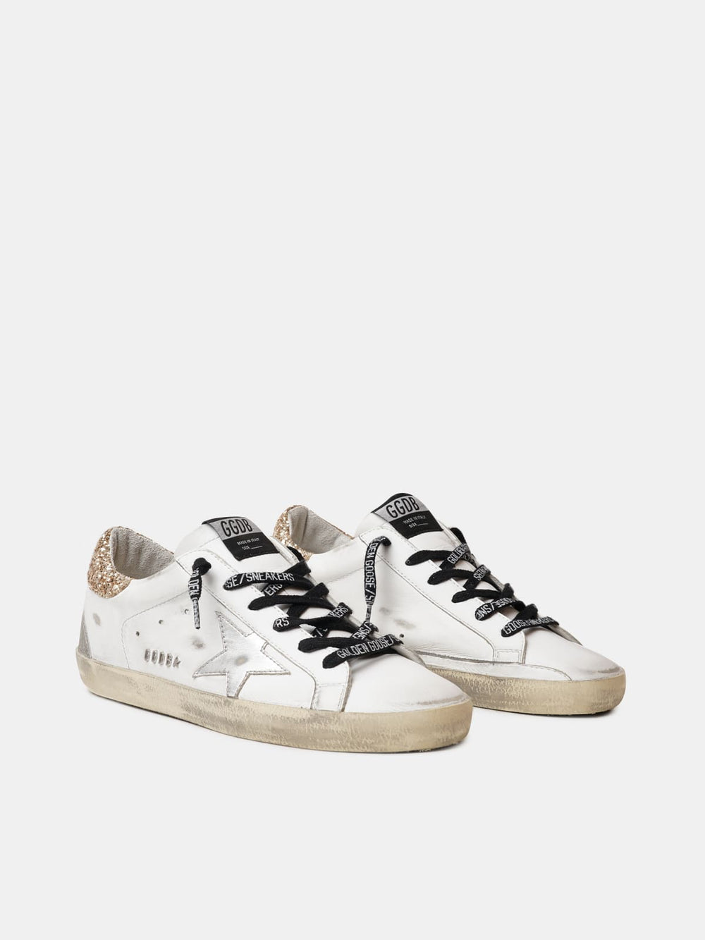 Women's white leather Super-Star with glittery heel tab