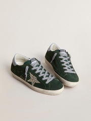 Women's Super-Star in green suede, silver glitter star and leather heel tab