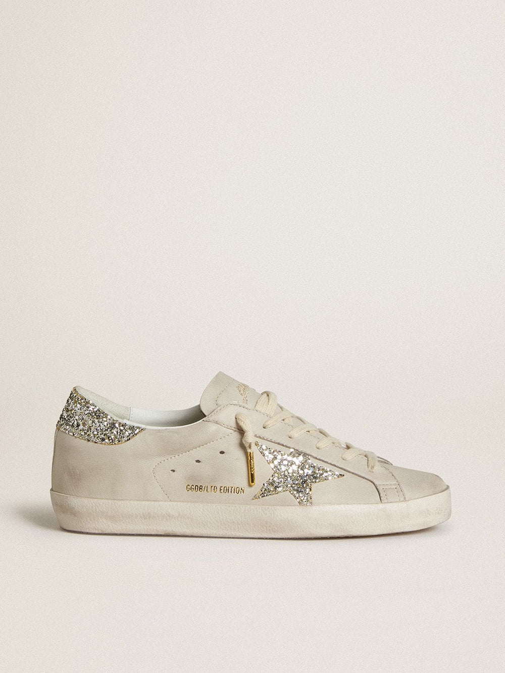 Women's Super-Star  in ivory nappa leather with platinum glitter star and heel tab