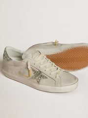 Women's Super-Star  in ivory nappa leather with platinum glitter star and heel tab