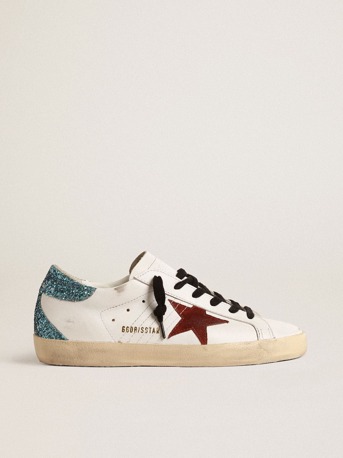 Women’s Super-Star with burgundy suede star and light blue glitter heel tab