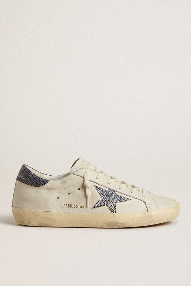 Super-Star  with cream-colored leather star with Swarovski crystals and blue leather heel tab with lizard print
