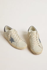 Super-Star  with cream-colored leather star with Swarovski crystals and blue leather heel tab with lizard print