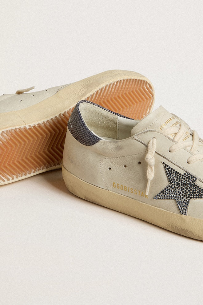Super-Star  with cream-colored leather star with Swarovski crystals and blue leather heel tab with lizard print