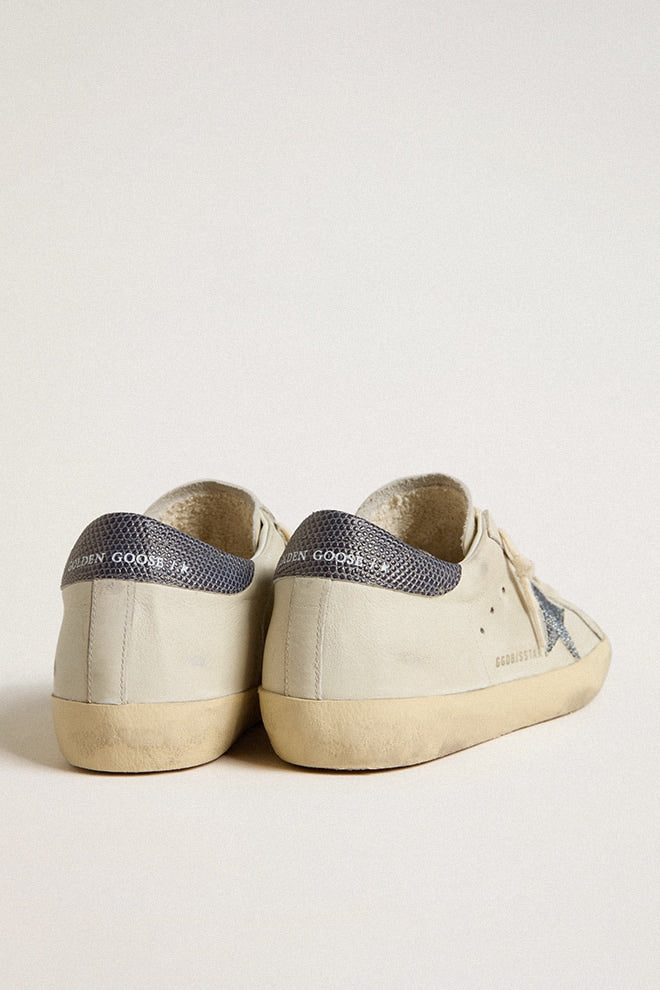 Super-Star  with cream-colored leather star with Swarovski crystals and blue leather heel tab with lizard print