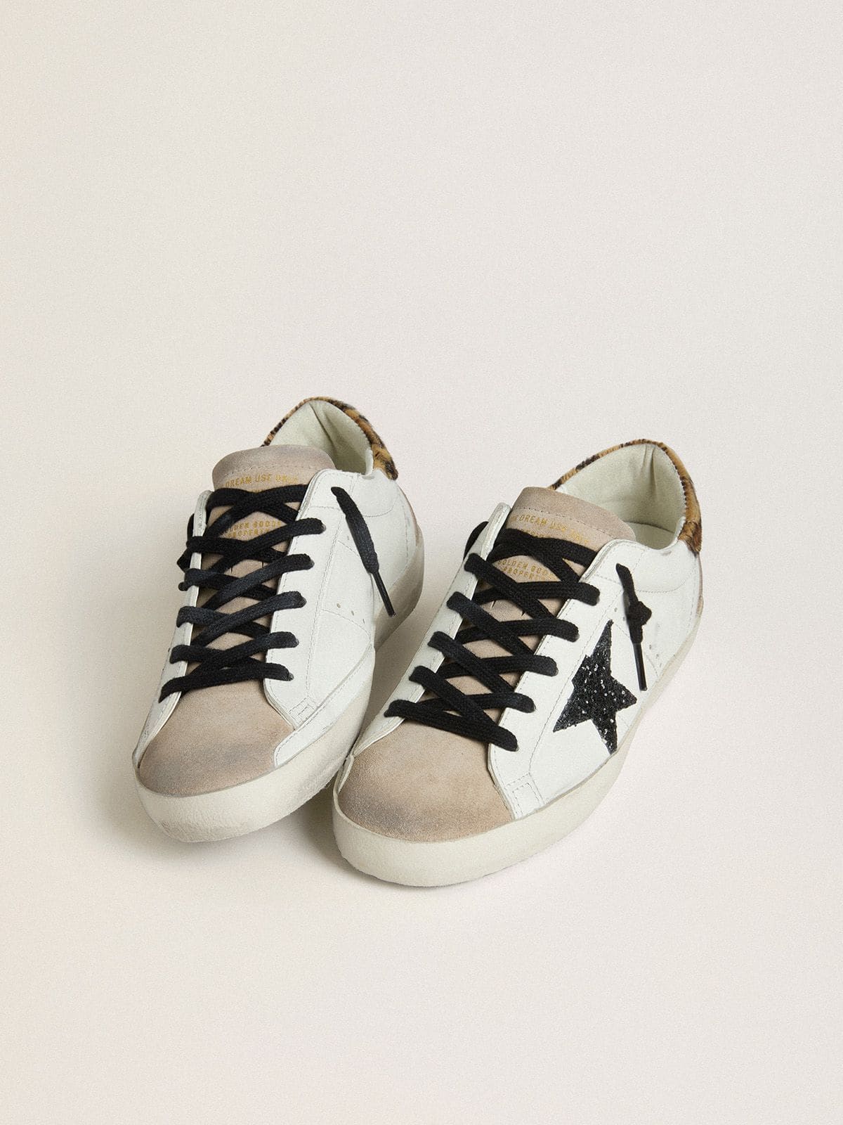 Women's Super-Star with black glitter star and leopard-print pony skin heel tab