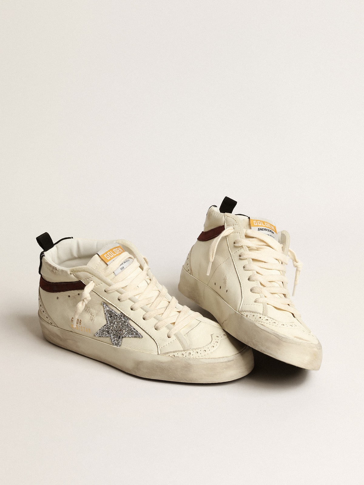 Mid Star LTD in white nappa leather with silver glitter star