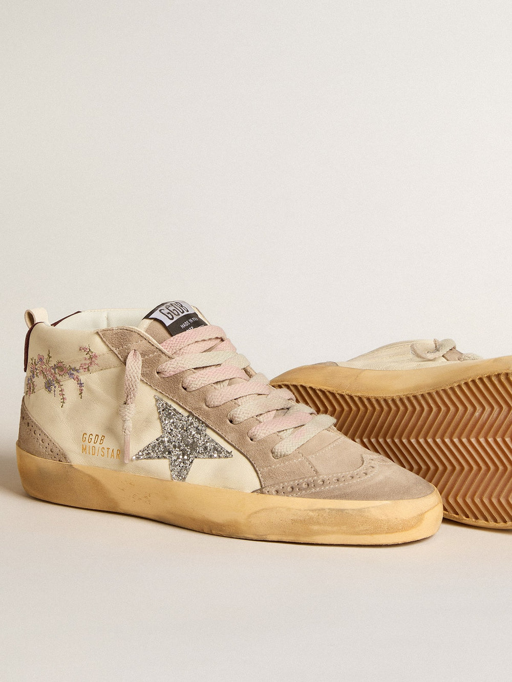 Women's Mid Star in nappa leather with floral embroidery and silver glitter star