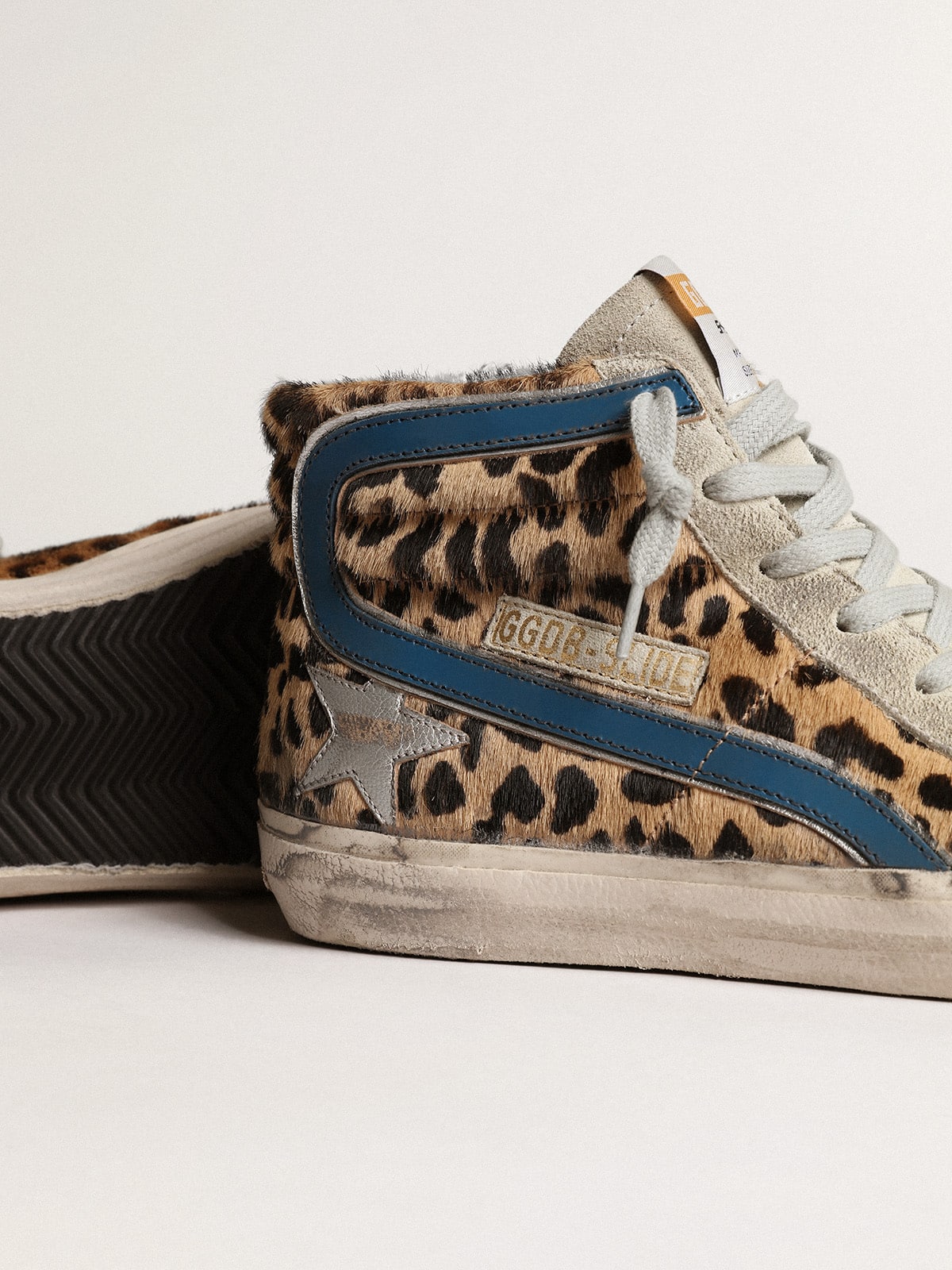 Women's Slide in leopard print pony skin with silver leather star
