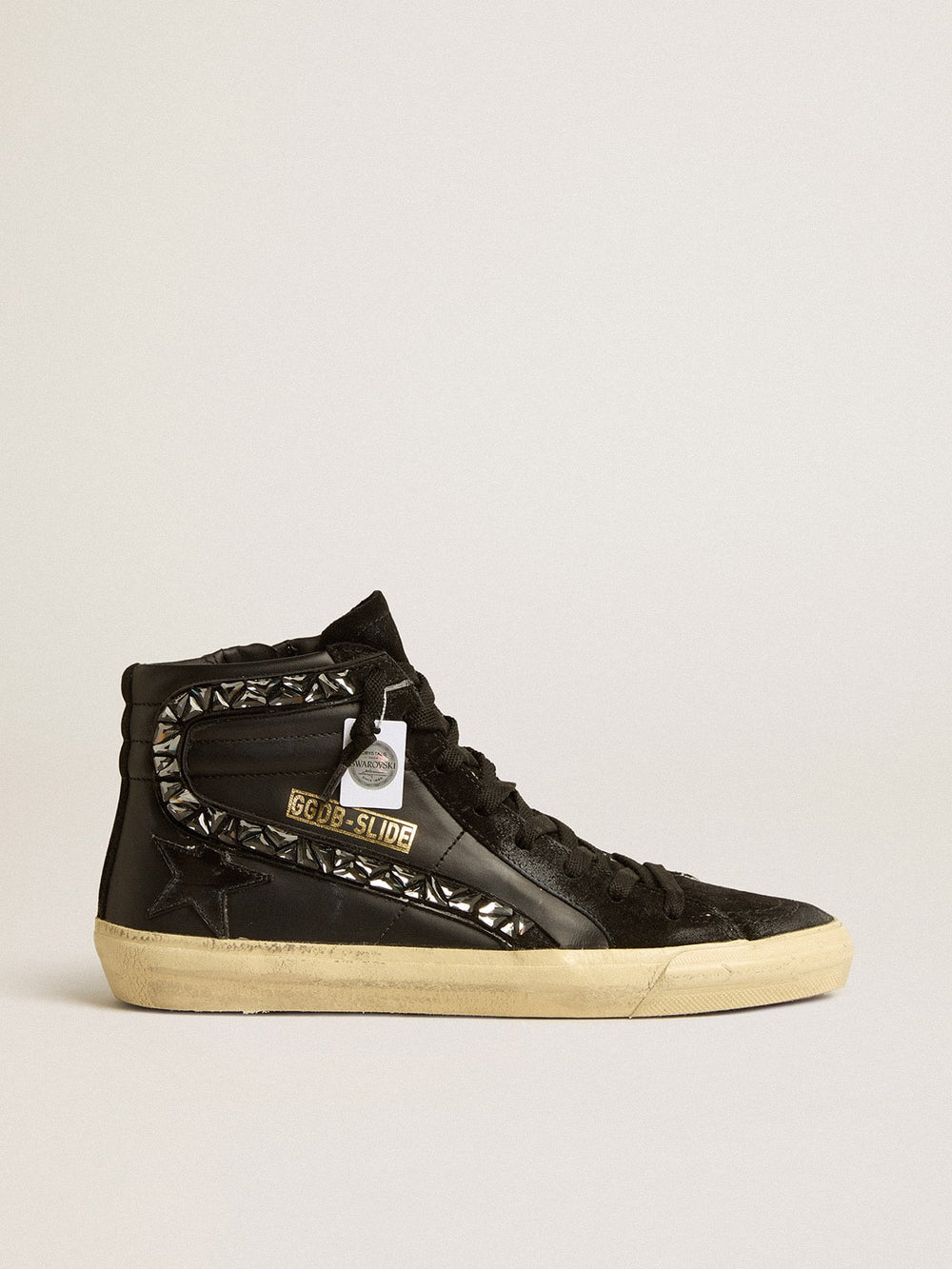 Slide in leather with black star and Swarovski crystal flash