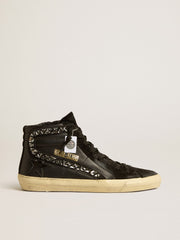 Slide in leather with black star and Swarovski crystal flash