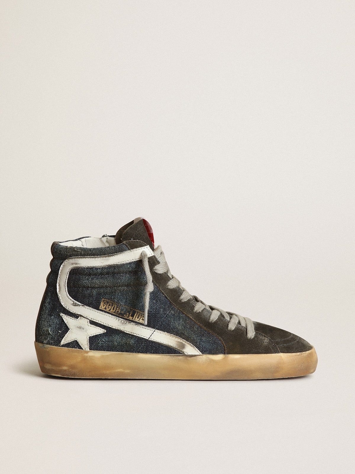 Slide in midnight-blue denim with white leather star