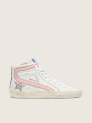 Women's Slide in white leather with silver glitter star and pink leather flash