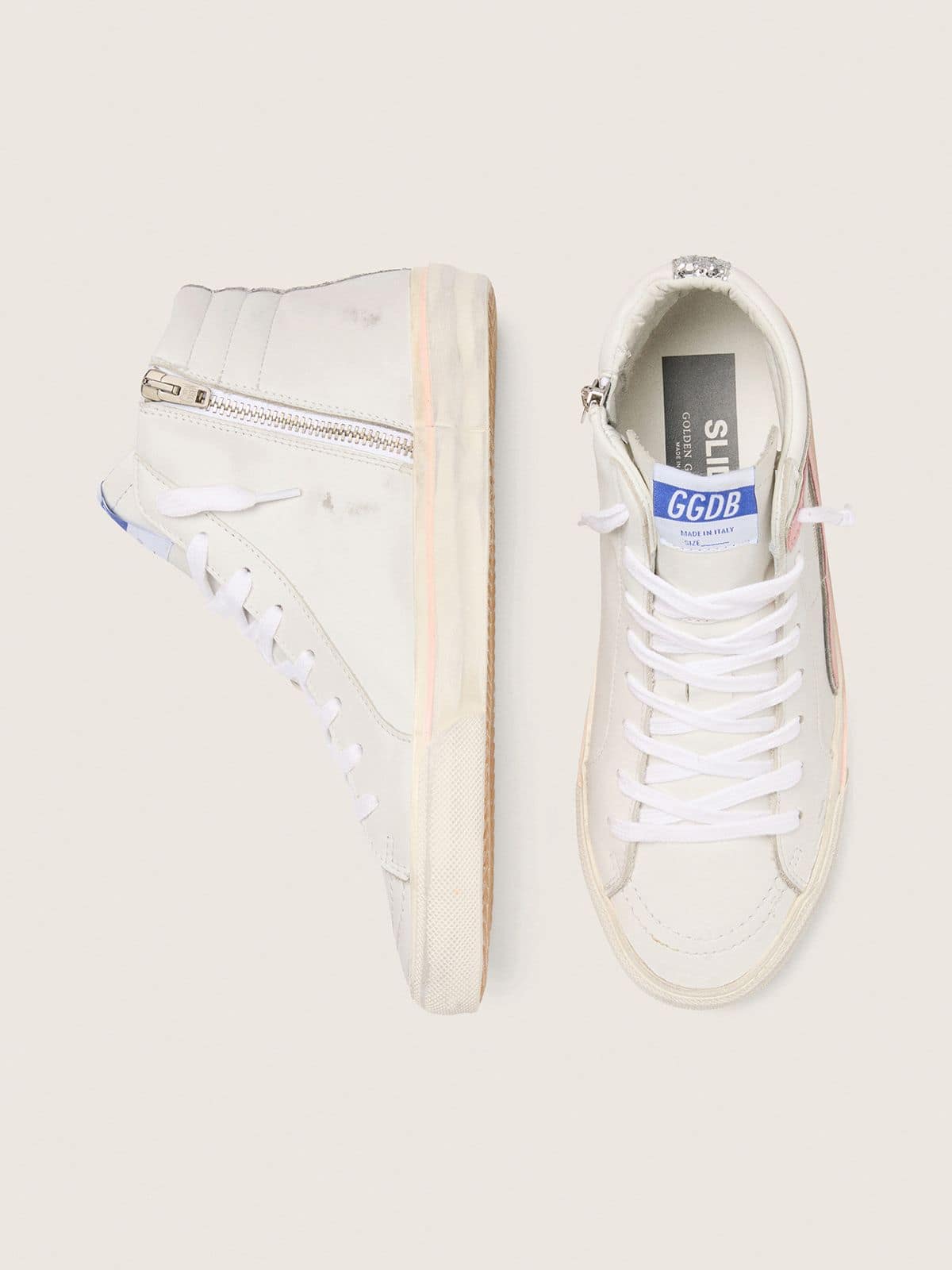 Women's Slide in white leather with silver glitter star and pink leather flash