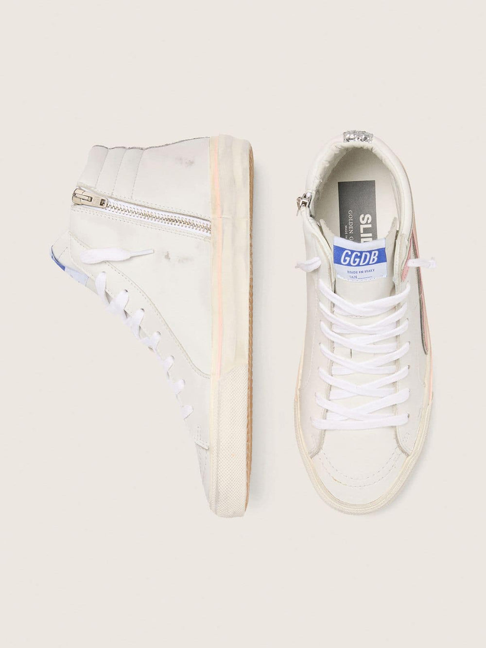 Women's Slide in white leather with silver glitter star and pink leather flash