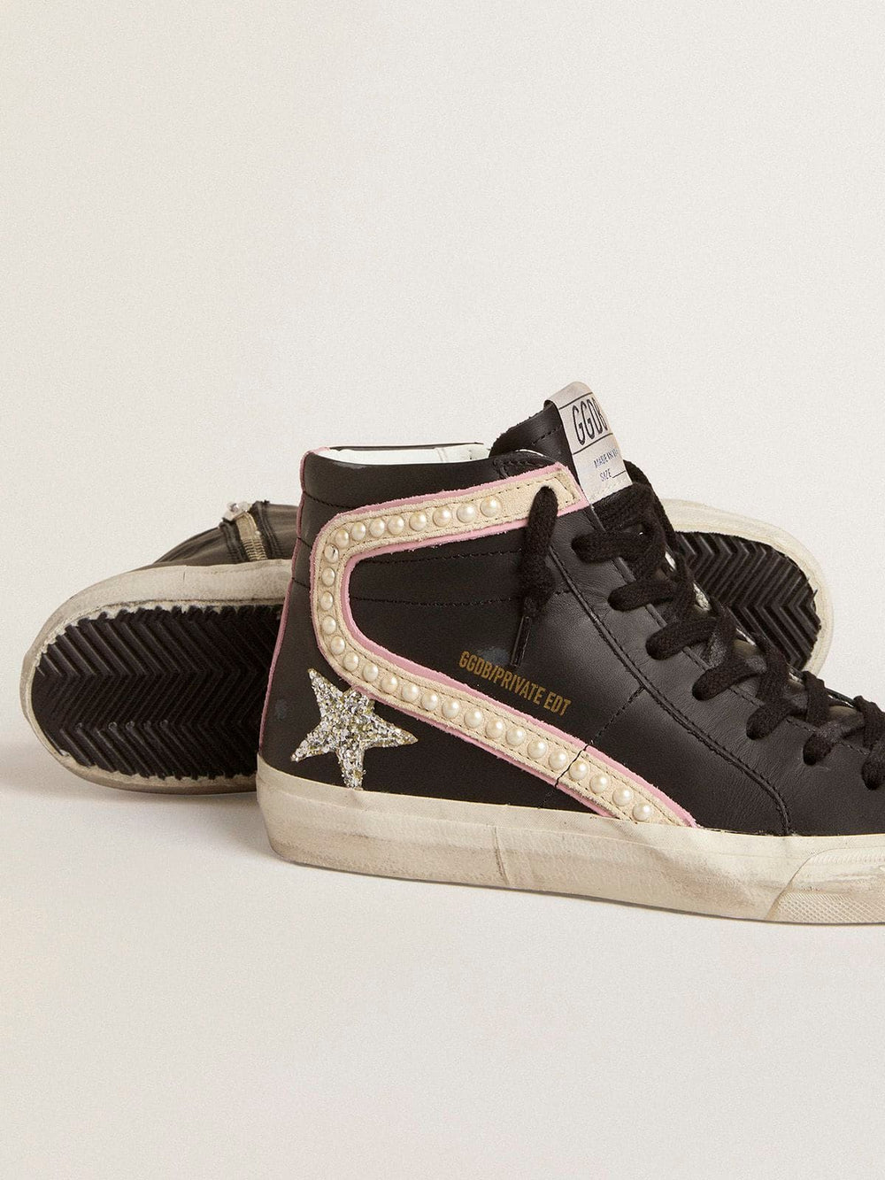 Slide LTD with platinum glitter star and suede flash with pearls