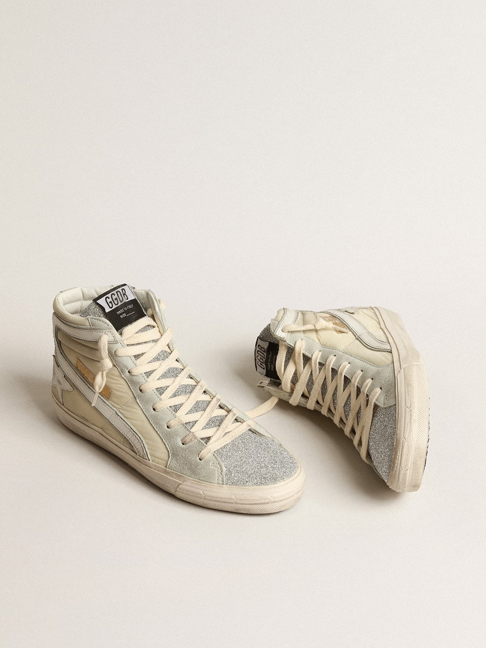 Slide in ivory nylon with white leather star and Swaroski tongue