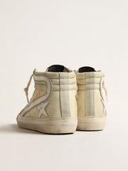 Slide in ivory nylon with white leather star and Swaroski tongue