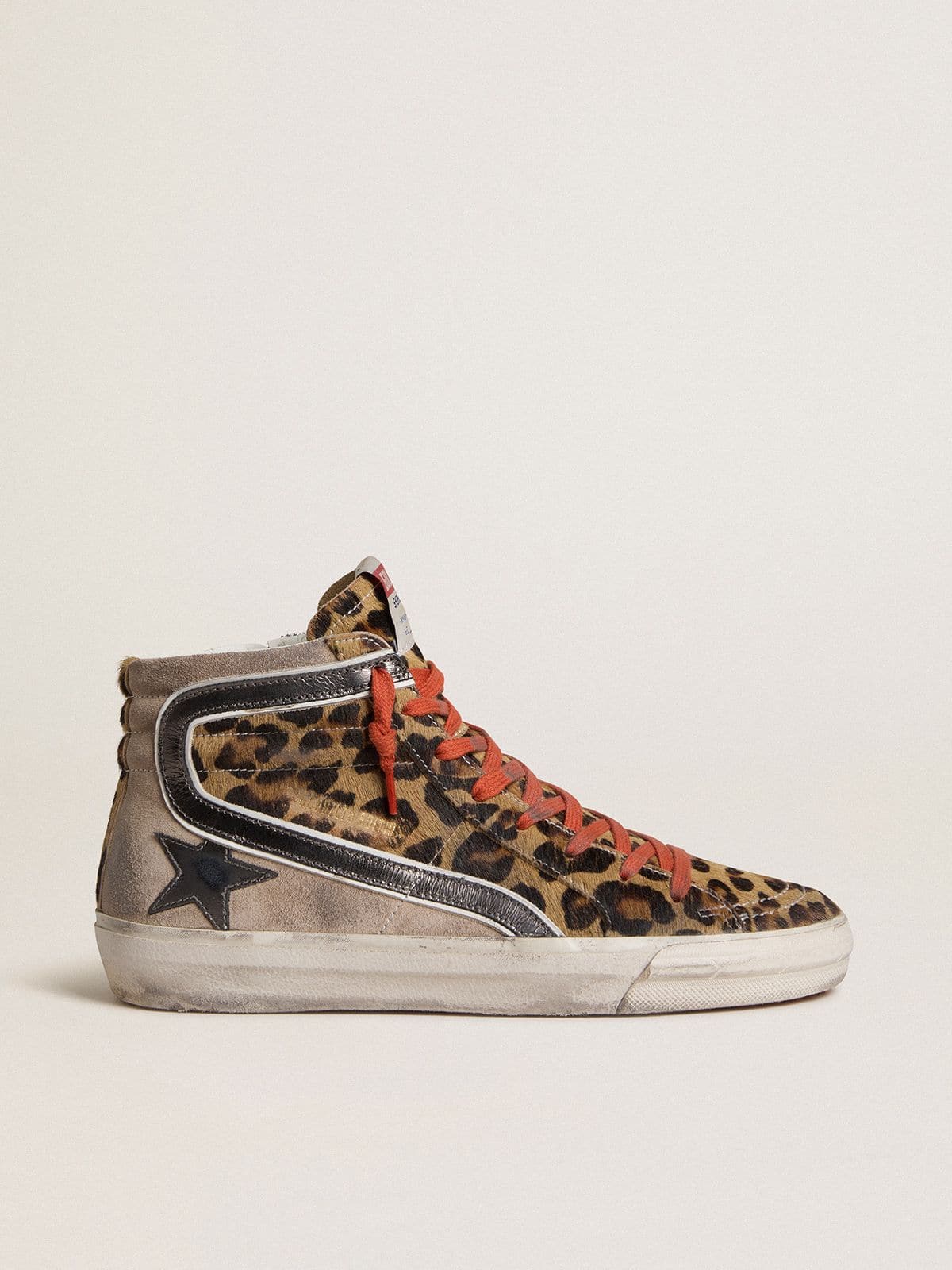 Women’s Slide LTD in leopard-print pony skin with metallic leather star and flash