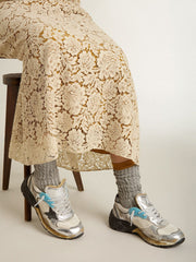 Women's Dad-Star in mesh and silver foiled leather with black suede star