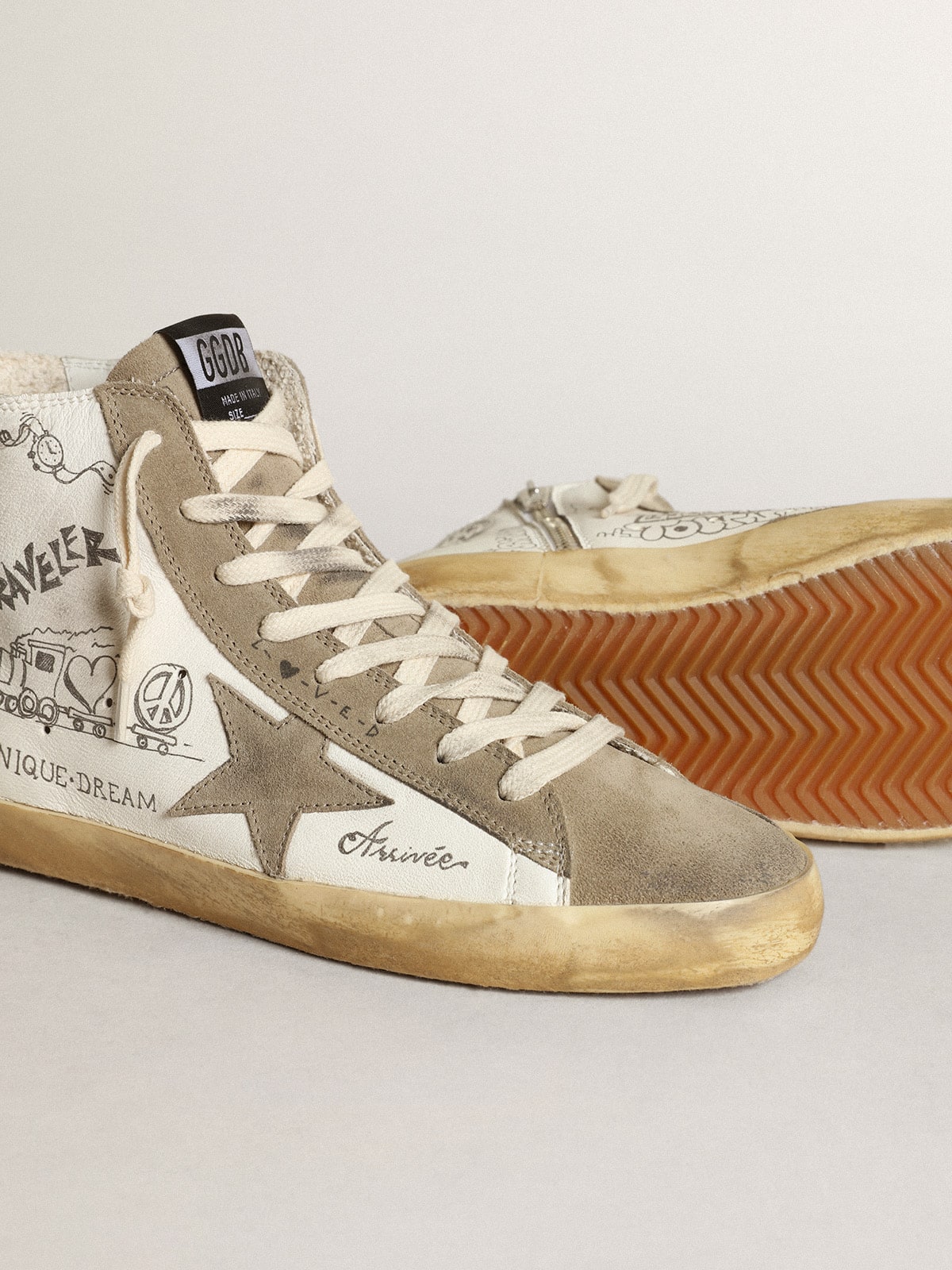 Women's Francy with dove gray suede inserts and all-over lettering