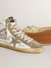 Women's Francy with dove gray suede inserts and all-over lettering