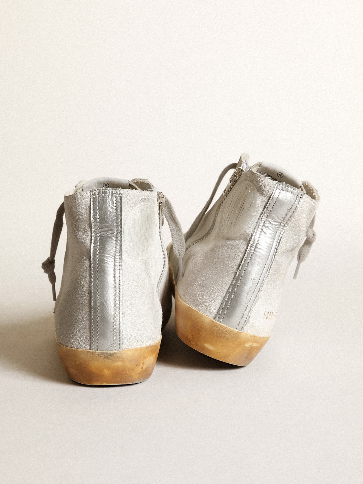 Women’s Francy in white suede with black leather star and silver Swarovski crystal tongue