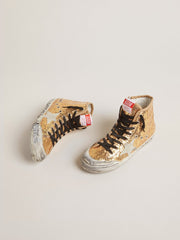 Francy Penstar in gold paiettes with suede star and bright blue heel tab